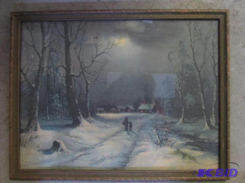 lot 26 image: 17in x 13in winter scene in moonlight...
