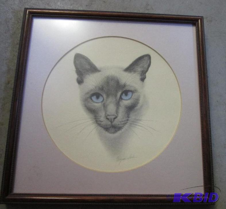 lot 28 image: 11in x 11in framed picture of simese cat with...