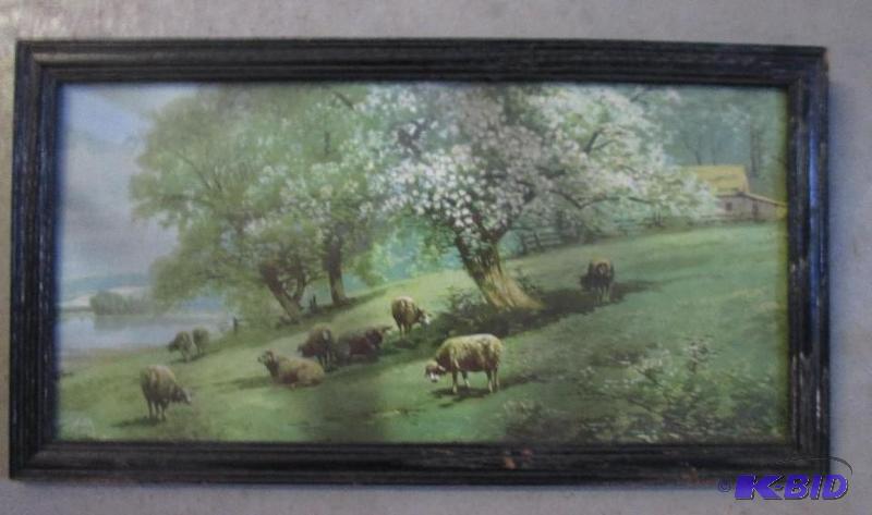 lot 29 image: 17in x 9in framed picture of sheep on hillsid...