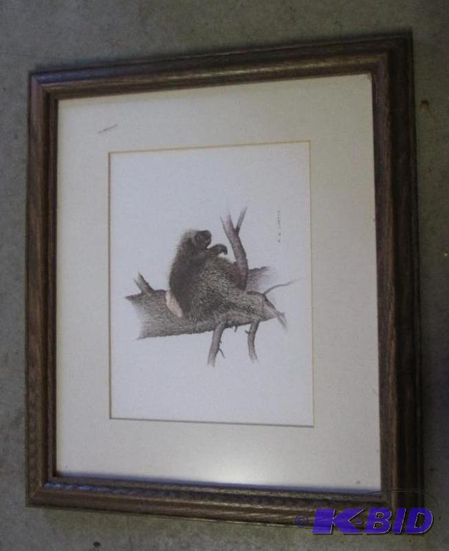 lot 3 image: 14in x 12in wooden framed picture of porcupin...