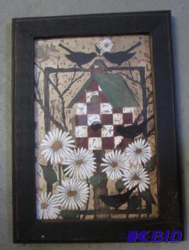 lot 31 image: 18in x 13in wooden framed picture of birdhous...