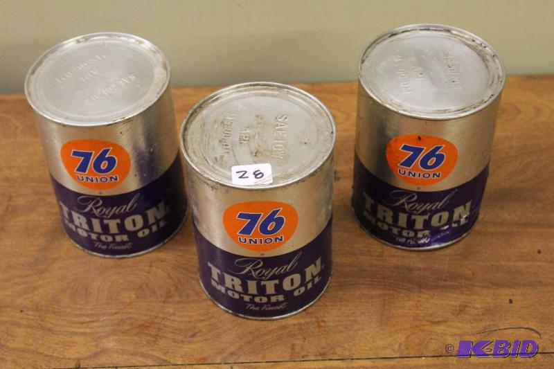 lot 28 image: 3 Cans Union 76 Royal Triton Motor Oil, Vinta...