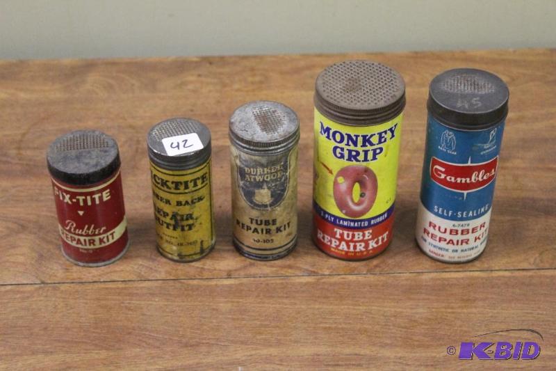 lot 42 image: Vintage Tire Repair Kits, some have original ...