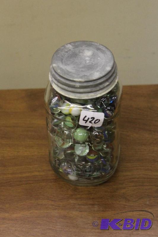 lot 420 image: Antique Marbles in Antique Atlas Mason Jar&nb...