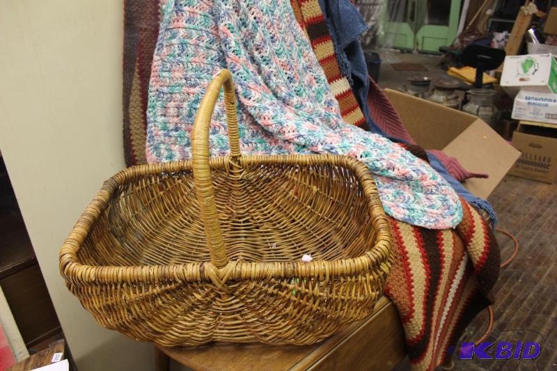 lot 527 image: Afghans, Blankets, Wicker Basket