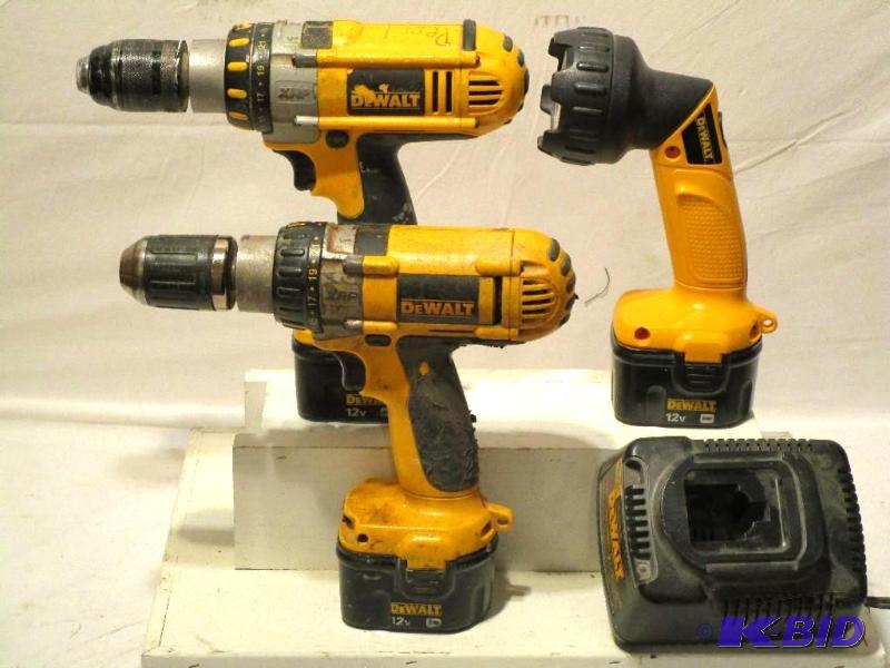 lot 142 image: 2 12V DeWalt XRP Drills & Batteries W1 Charger & 1- Flashlight