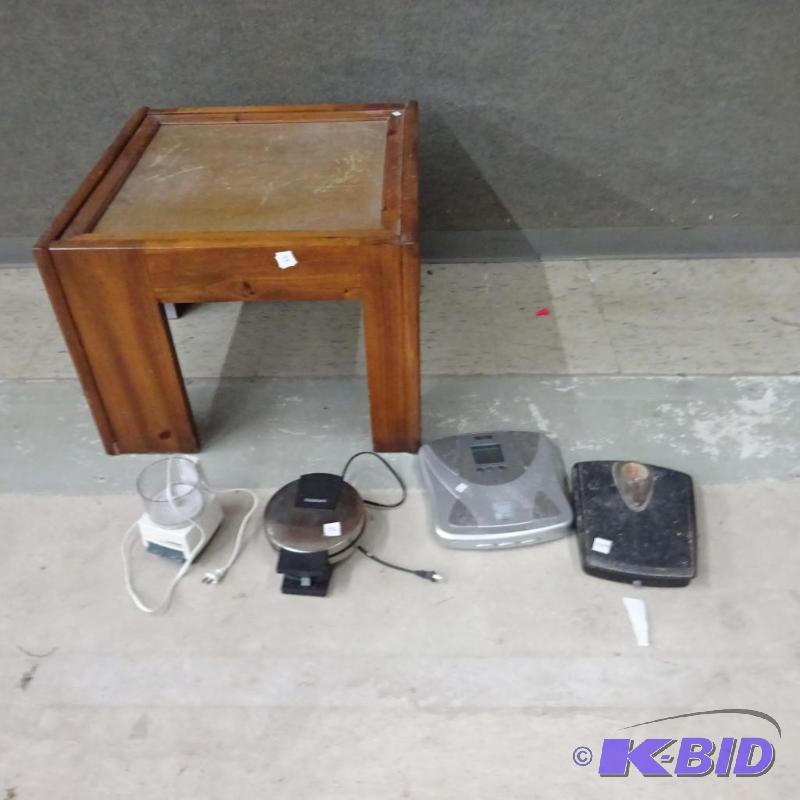lot 73 image: Wood end table. Waffle maker. 2 scales...
