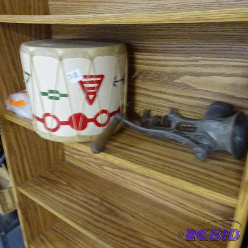 lot 88 image: Leather drum. Vintage meat grinder. Roll of p...