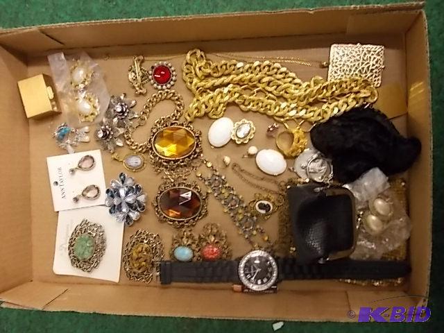 Box Lot Jewelry Brooches, Earrings, Watch, R...