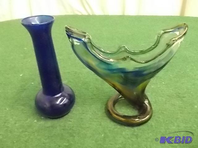 1 Blue Vase, 1 Blown Glass Vase...