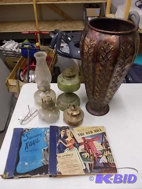4-Oil Lamps, Decorative Tin Pot, 2-Old 33 13...