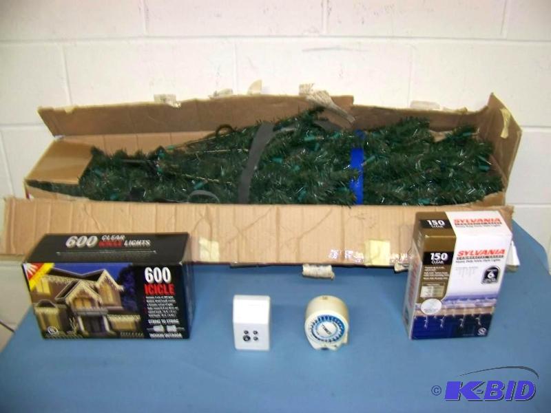 lot 26 image: 7, Pre-lit Christmas Tree, (2) Boxes of Outdoor Lights and (2) Automatic Timers