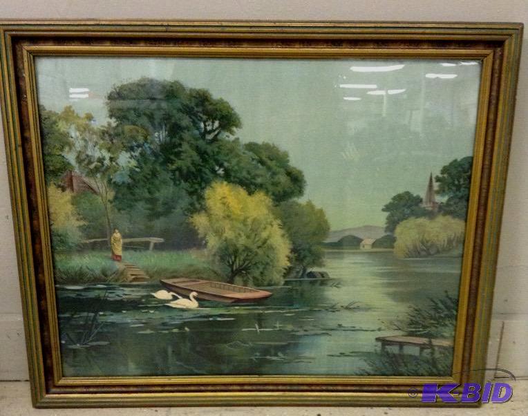 lot 11 image: Vintage print of a woman by the lake