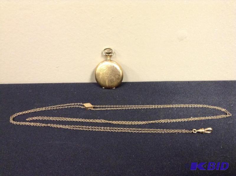 lot 28 image: Elgin Watch Co 13 Jewel Pocket Watch & Watch Chain
