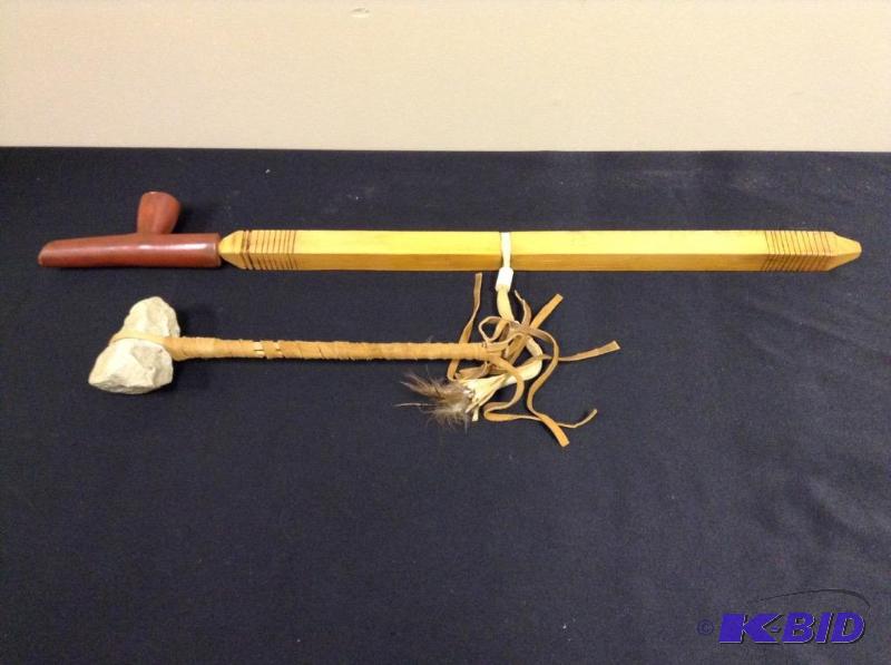 lot 42 image: Native American Decorative Peace Pipe & Tomahawk