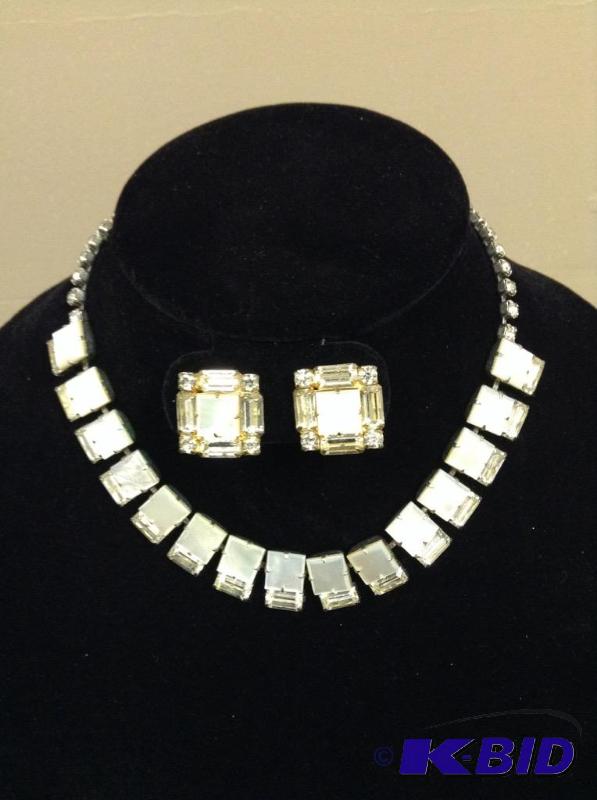 lot 47 image: Vintage mother of pearl lrhinestoneglass necklace and earring set