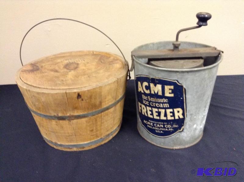 lot 61 image: Lot of Vintage Acme ice cream freezer and wood bucket
