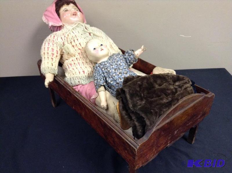 lot 66 image: Lot of two Vintage dolls, wood bed and doll clothing