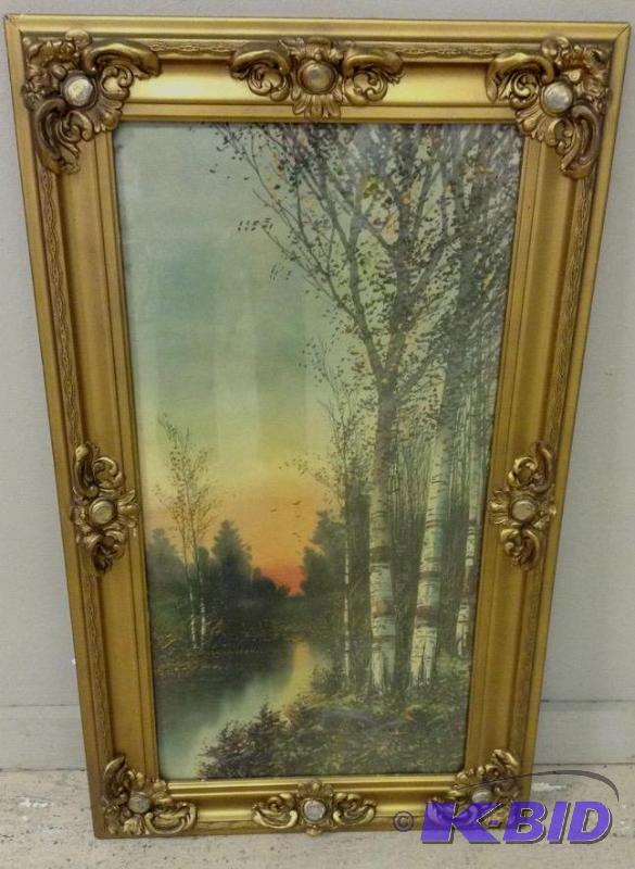 lot 7 image: Vintage print of birch trees in ornate frame
