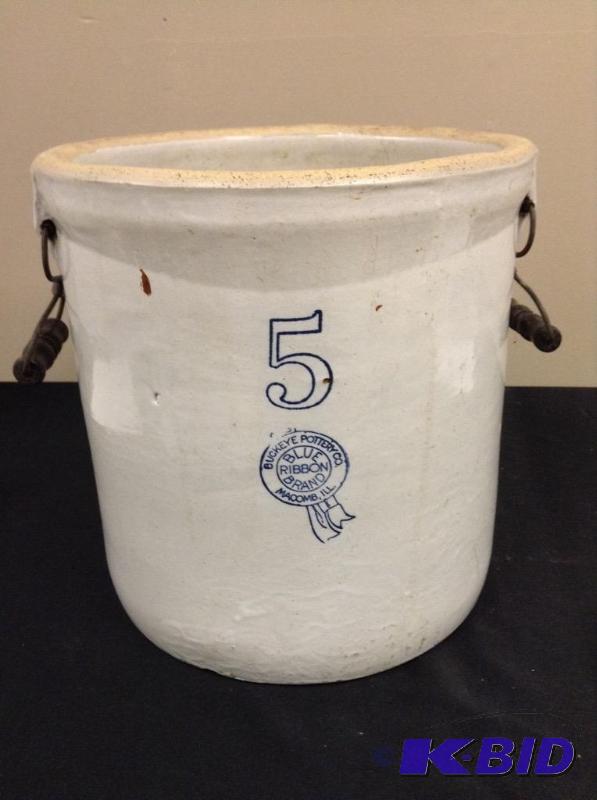 lot 72 image: Vintage 5 Gallon Buckeye Pottery Blue Ribbon Brand Crock