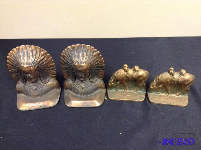 lot 85 image: Lot of vintage metal bookends of Native American Chief and Grazing Horse