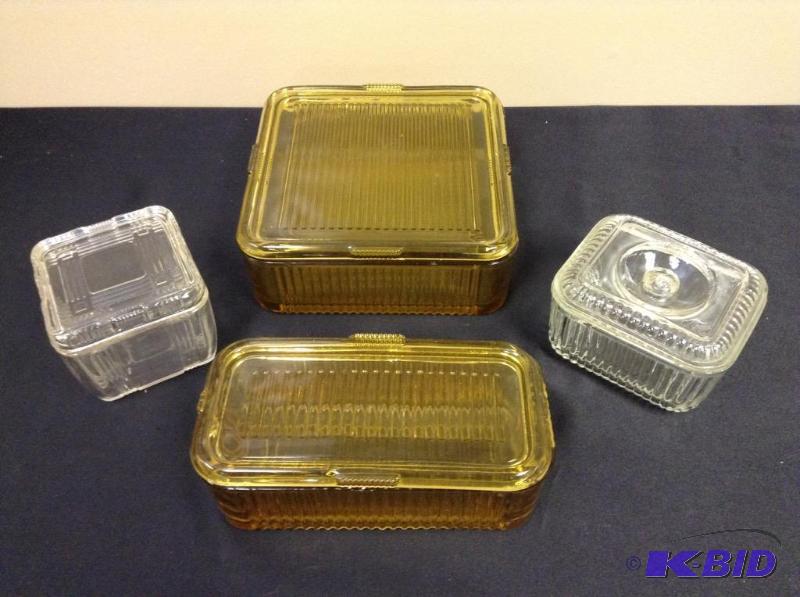 lot 87 image: Lot of vintage yellow and clear refrigerator dishes with lids