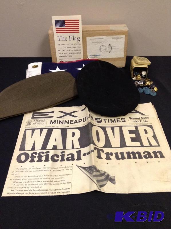 lot 93 image: Lot of World War II memorabilia, uniform buttons, Minneapolis newspaper, vintage earrings