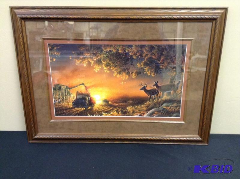 lot 11 image: Framed Deer Watching a Farmer Harvest & Children Playing Pictures