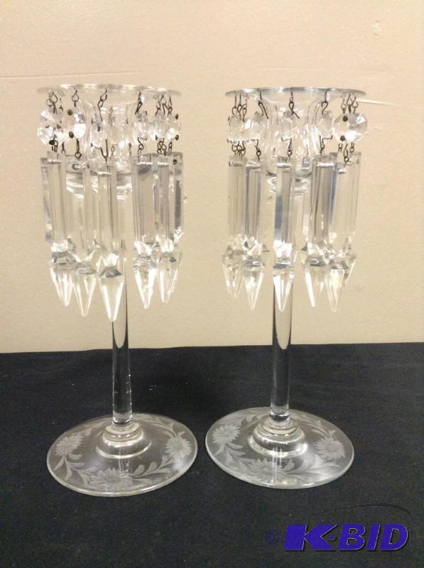 lot 120 image: Vintage candlesticks crystal with hanging prisms.
