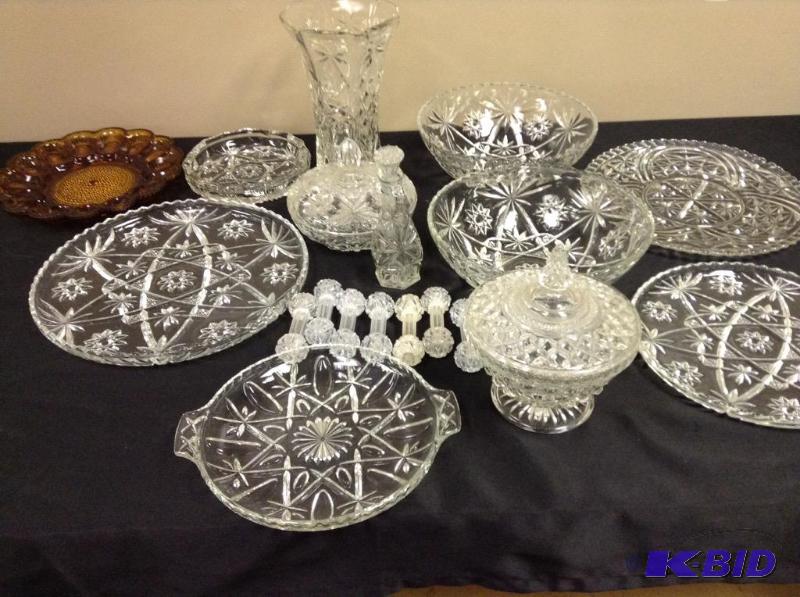 lot 123 image: Vintage glass serving pieces, trays, candy dish, egg dish, vases, bowls and more