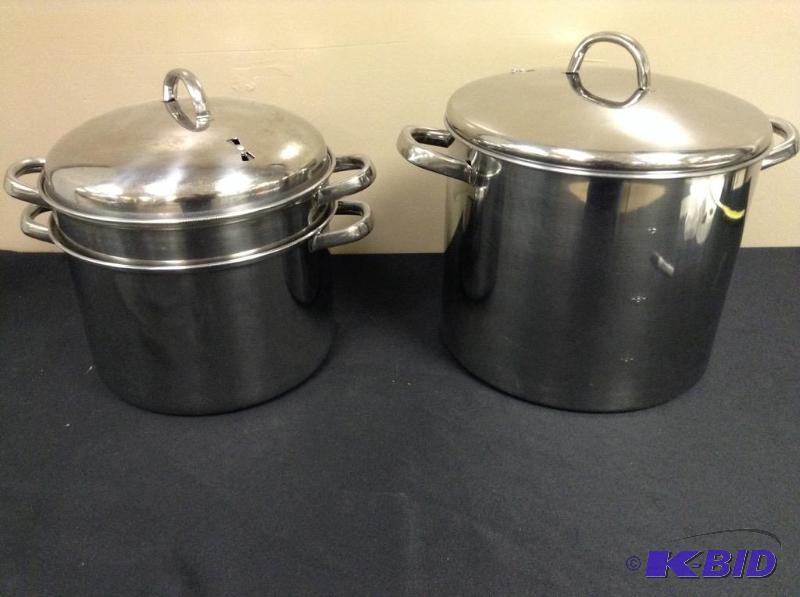 lot 127 image: 12 quart pot stainless and smaller soup pot with pasta strainer insert