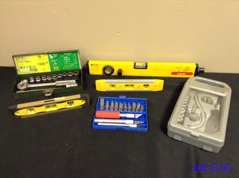 lot 150 image: Laser Level, Snake Driver, Metric Wrench & Sockets