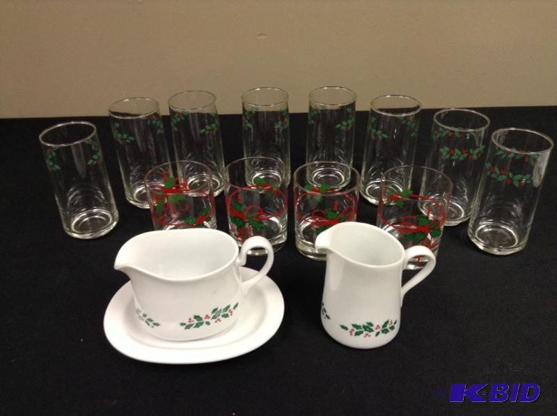 lot 164 image: Corelle Christmas Dishes with serving pieces. Place setting for eight and matching glassware