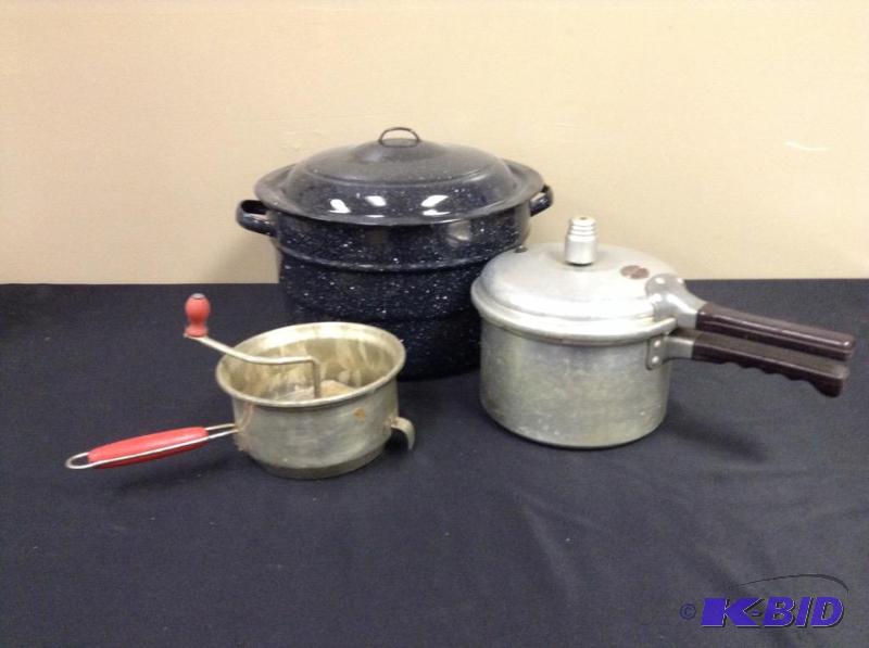 lot 170 image: Vintage enamel canner, Foley food mill and Presto pressure cooker