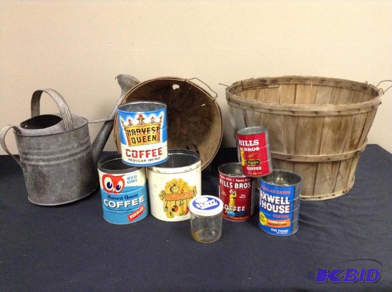 lot 34 image: Lot of vintage tins, water can and baskets