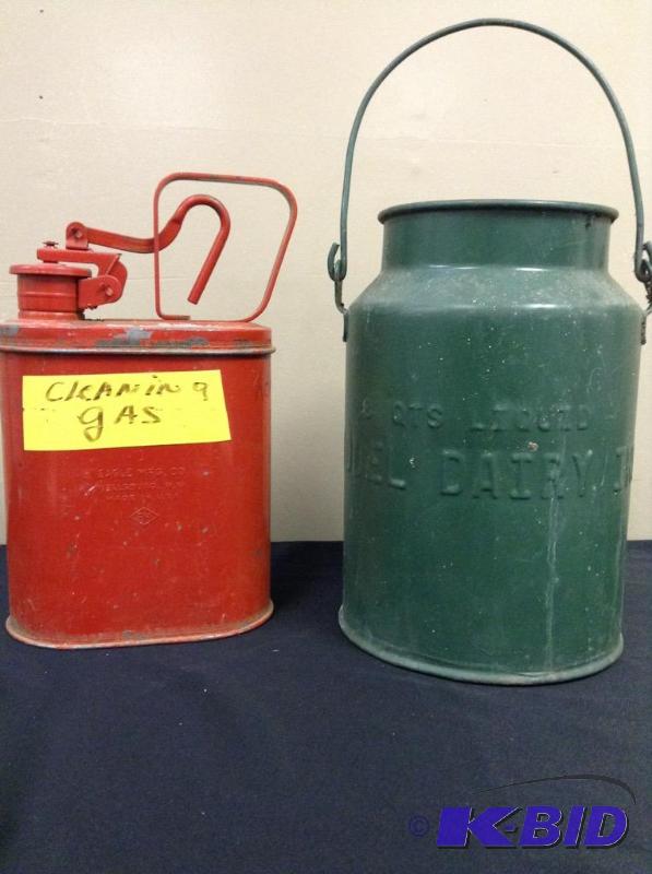 lot 41 image: Lot of two metal cans. One for acetone and 8 quart metal milk can.