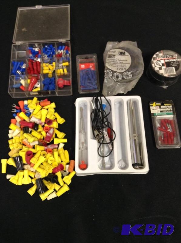 lot 54 image: Electrical parts including connectors, testers and electrical tape