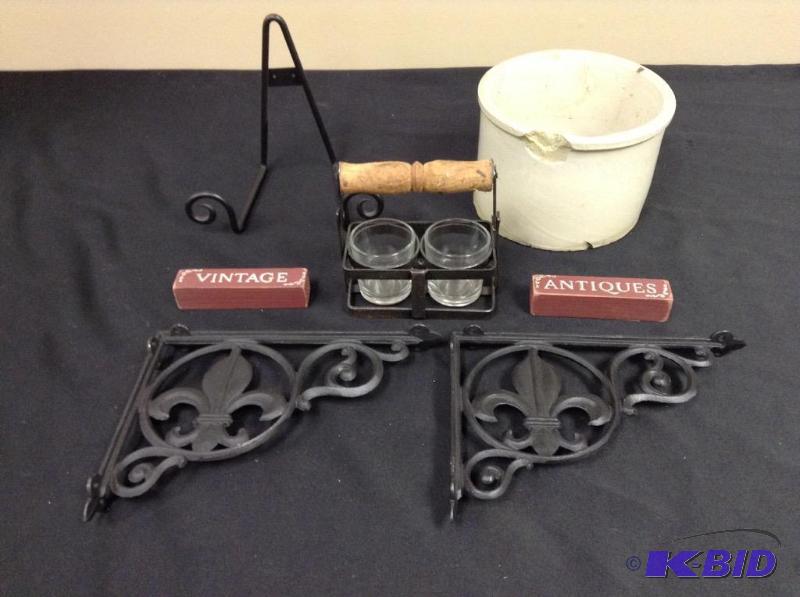 lot 92 image: Lot of decorative items- wrought iron, pottery and wooden