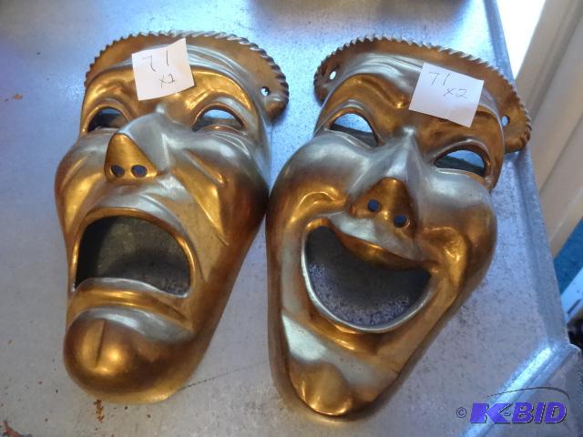 lot 71 image: Vintage Brass Happy  Sad Face Wall Plaques...