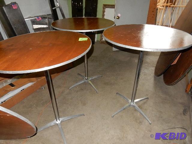 lot 23 image: 3, round Wood Cabaret tables, portable, disassemble