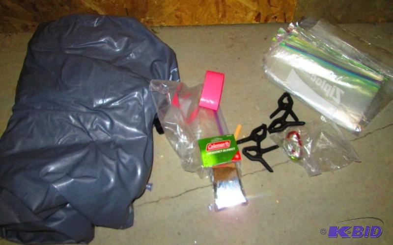 lot 308 image: Lot of air mattress, duct tape in pink, clips...