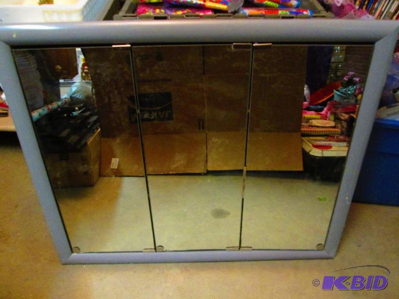 lot 37 image: 3 door mirrored medicine cabinet, metal frame...