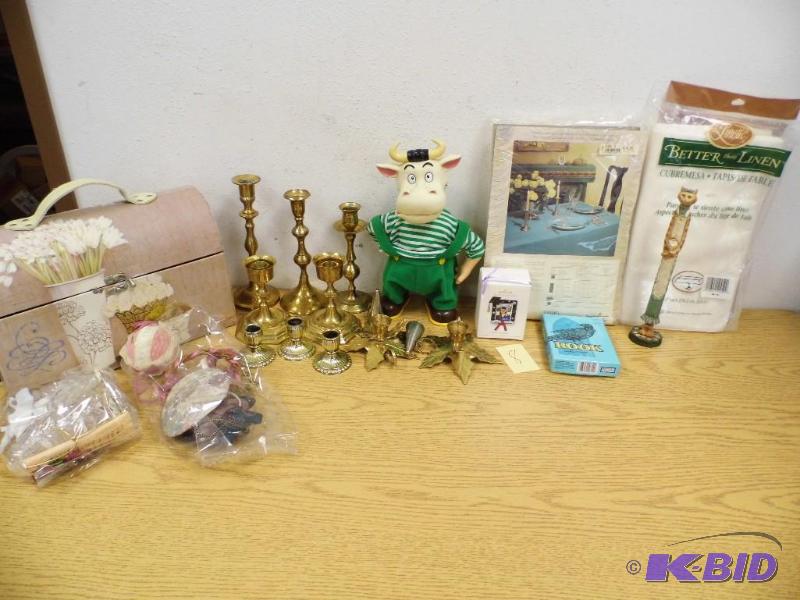 Table Cloths, Brass Candle Holders & Misc