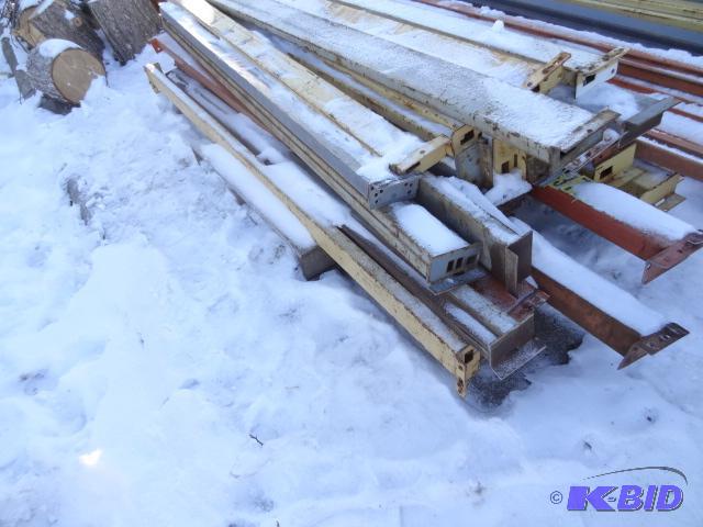 Pile of misc pallet rack beams. At least 3 di...
