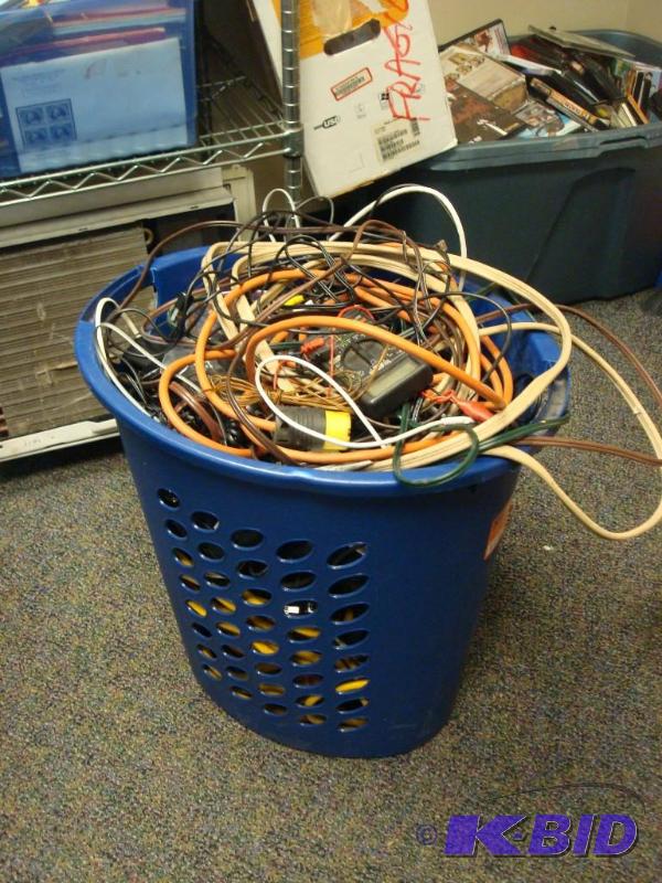 Large Blue Basket Of Wires And Electronics&nb...