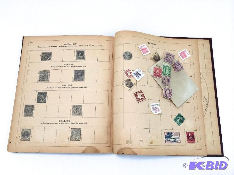lot 2 image: Paragon Stamp Album (c) 1931, 27 Natl Stamp Club Gum Wrappers, The Fiery Throne (c) 1935 & Stamps