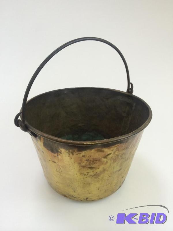 lot 22 image: Heavy Spun Brass Kettle with Forged Iron Handle attached by Rivets