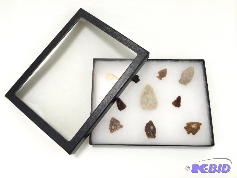 lot 25 image: Lot of 10  Assorted Stone Arrowheads in Glass Display Box