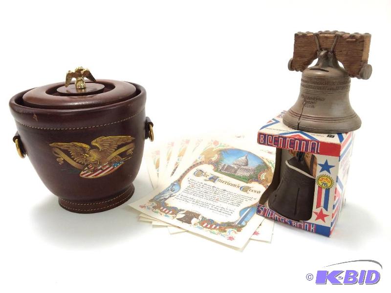 lot 30 image: Lot of Americana ca. 1976  Ice Bucket, Liberty Bell Banks, National Anthem & Americans Creed (5)