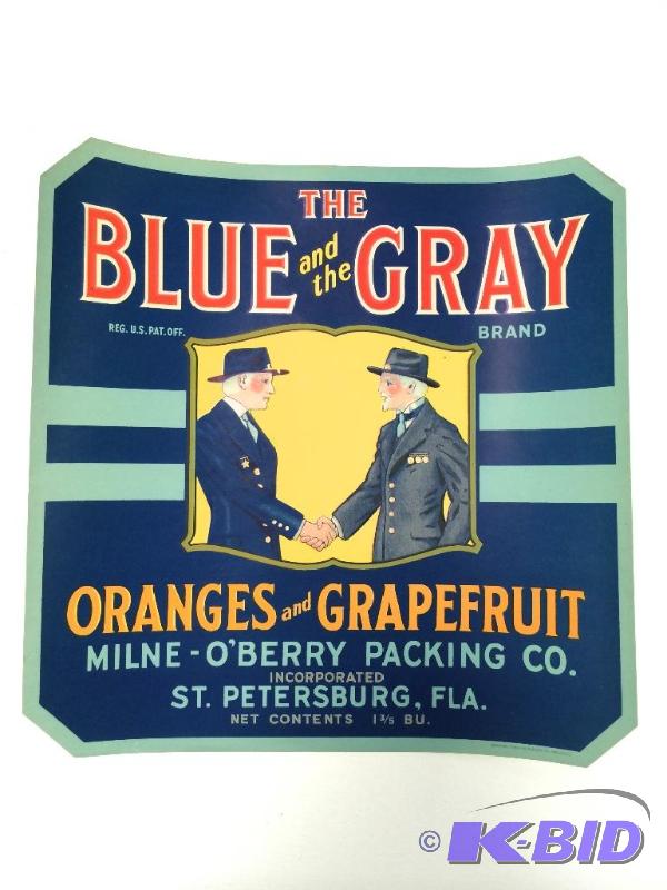 lot 34 image: The Blue & The Gray Brand Oranges and Grapefruit Color Litho Crate Label